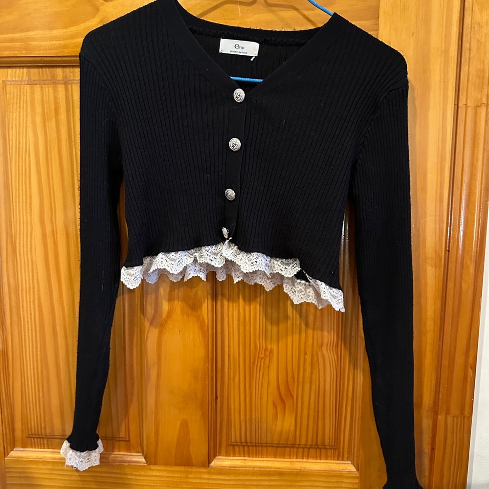 Black Cropped Cardigan with Lace Trim